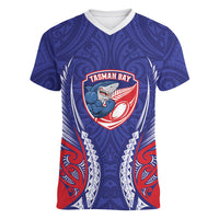 Tasman Bay 2026 Rugby Custom Women V-Neck T-Shirt NZ Maori Silver Fern LT14 Female Blue - Polynesian Pride