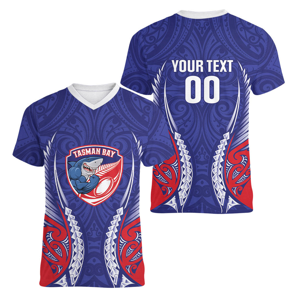 Tasman Bay 2026 Rugby Custom Women V-Neck T-Shirt NZ Maori Silver Fern LT14 - Polynesian Pride