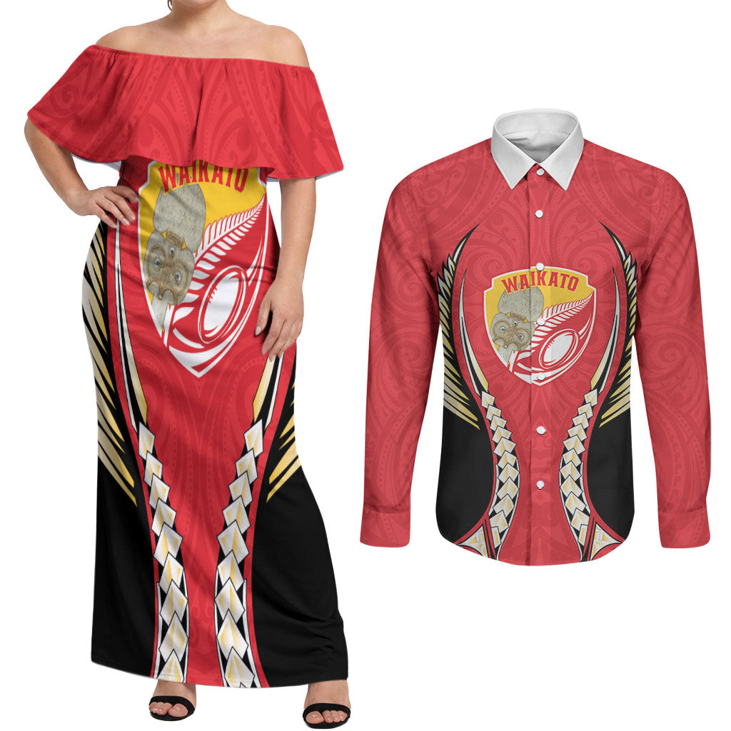 Waikato 2026 Rugby Custom Couples Matching Off Shoulder Maxi Dress and Long Sleeve Button Shirt NZ Maori Silver Fern LT14 Red - Polynesian Pride