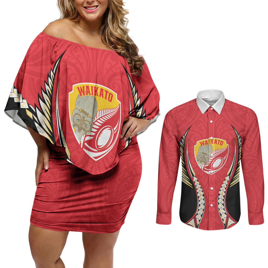 Waikato 2026 Rugby Custom Couples Matching Off Shoulder Short Dress and Long Sleeve Button Shirt NZ Maori Silver Fern LT14 Red - Polynesian Pride