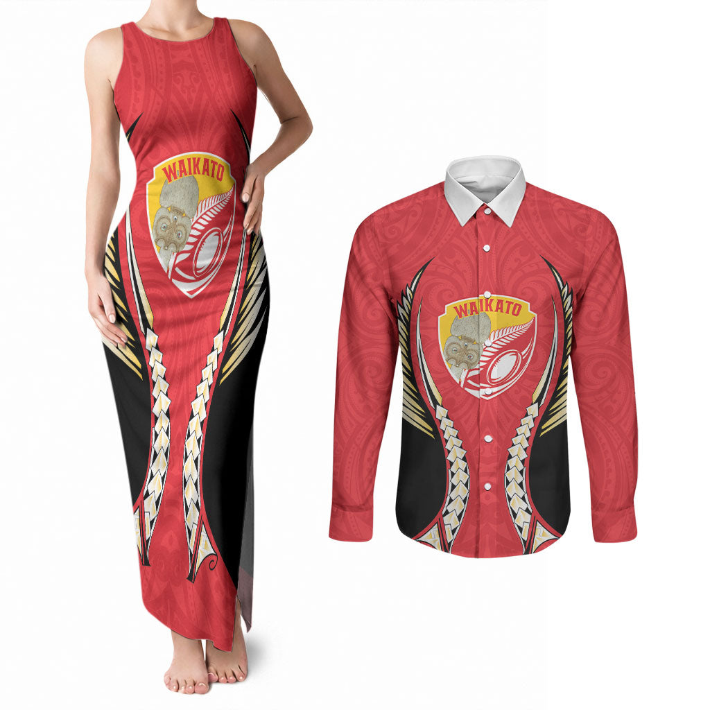 Waikato 2026 Rugby Custom Couples Matching Tank Maxi Dress and Long Sleeve Button Shirt NZ Maori Silver Fern LT14 Red - Polynesian Pride