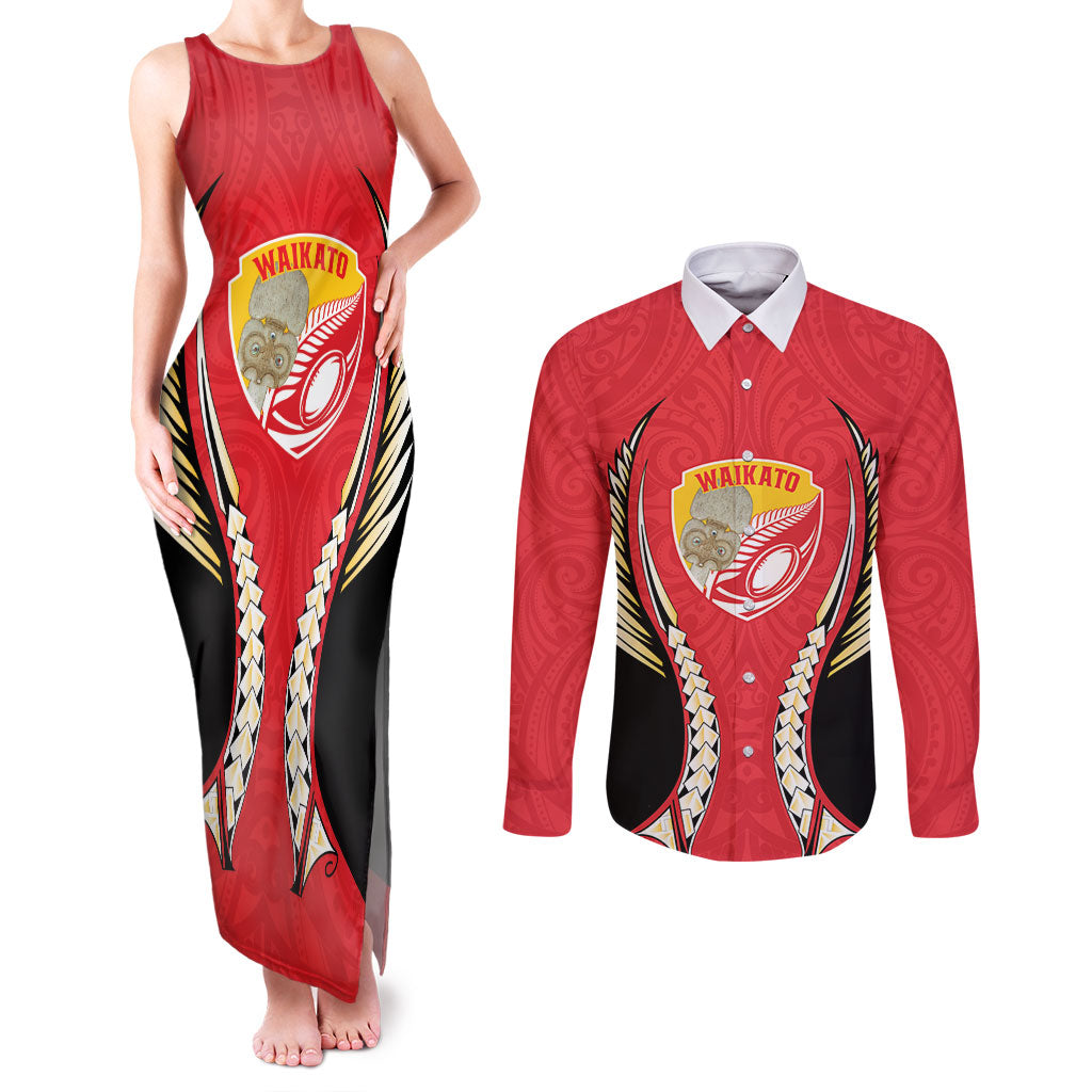 Waikato 2026 Rugby Custom Couples Matching Tank Maxi Dress and Long Sleeve Button Shirt NZ Maori Silver Fern LT14 Red - Polynesian Pride