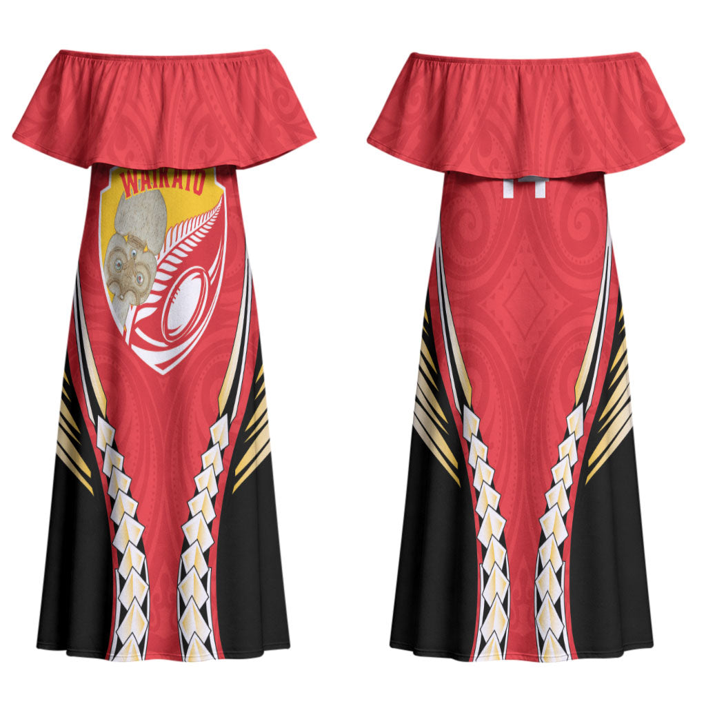 Waikato 2026 Rugby Custom Family Matching Off Shoulder Maxi Dress and Hawaiian Shirt NZ Maori Silver Fern LT14 Mom's Dress Red - Polynesian Pride
