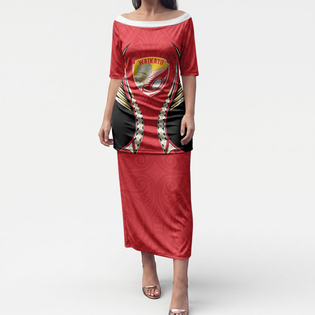 Waikato 2026 Rugby Custom Puletasi NZ Maori Silver Fern LT14 Long Dress Red - Polynesian Pride