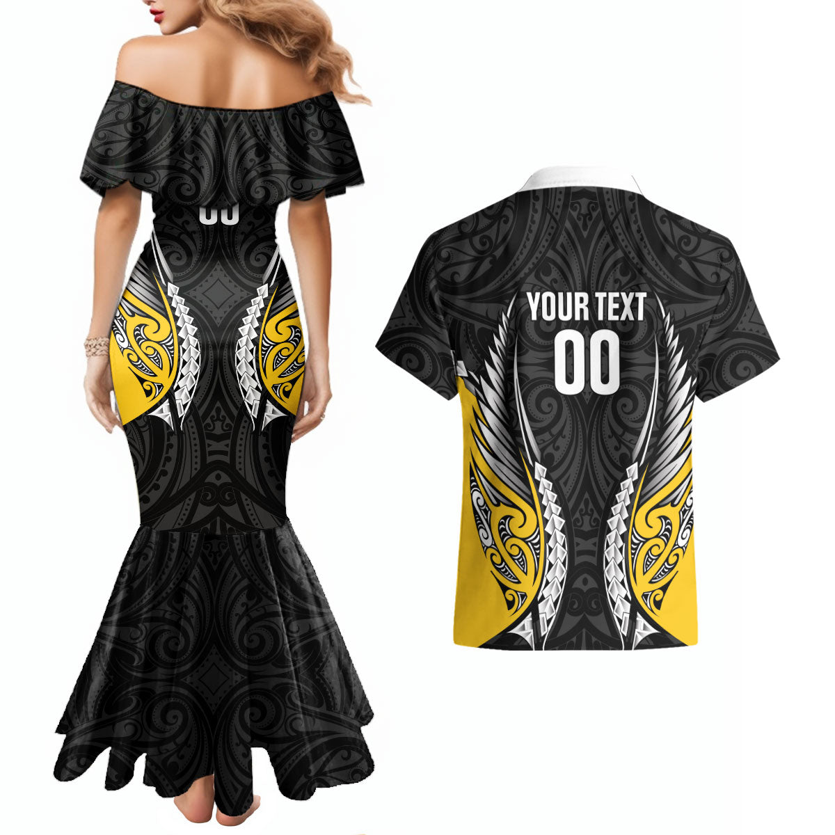 Wellington 2026 Rugby Custom Couples Matching Mermaid Dress and Hawaiian Shirt NZ Maori Silver Fern