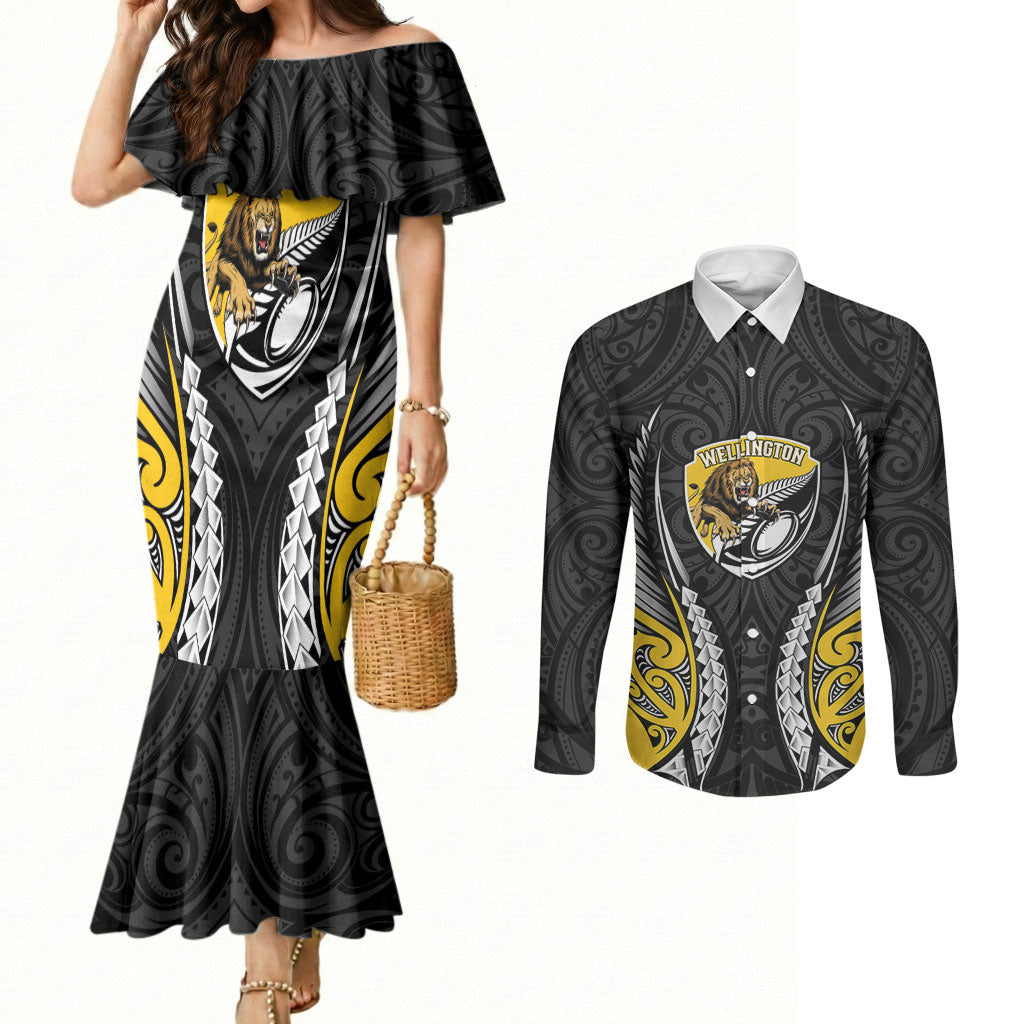 Wellington 2026 Rugby Custom Couples Matching Mermaid Dress and Long Sleeve Button Shirt NZ Maori Silver Fern LT14 Black - Polynesian Pride