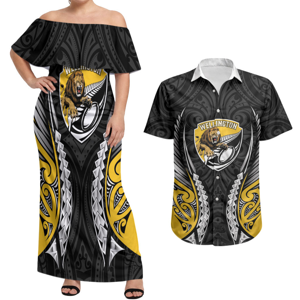 Wellington 2026 Rugby Custom Couples Matching Off Shoulder Maxi Dress and Hawaiian Shirt NZ Maori Silver Fern LT14 Black - Polynesian Pride