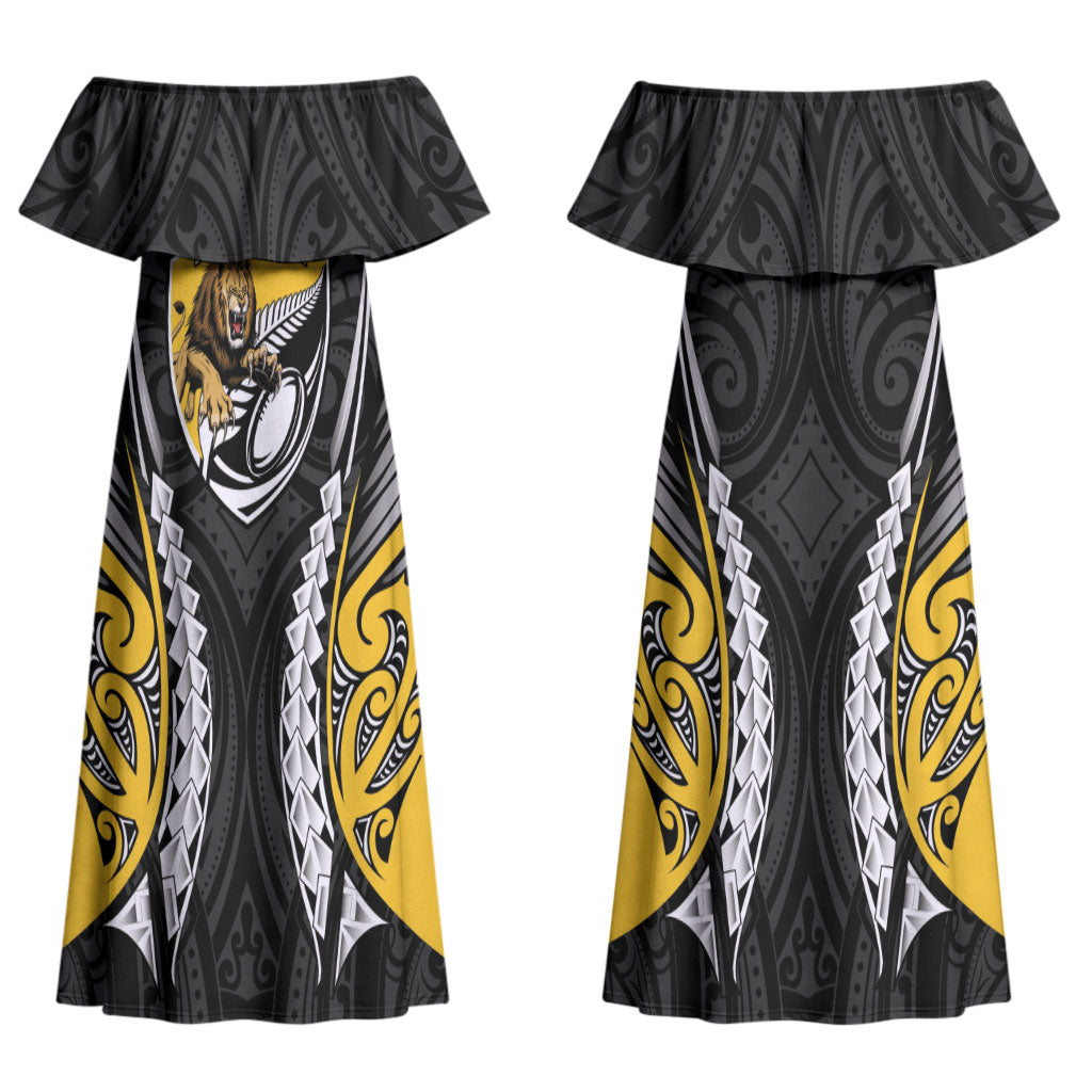 Wellington 2026 Rugby Custom Couples Matching Off Shoulder Maxi Dress and Hawaiian Shirt NZ Maori Silver Fern LT14 - Polynesian Pride