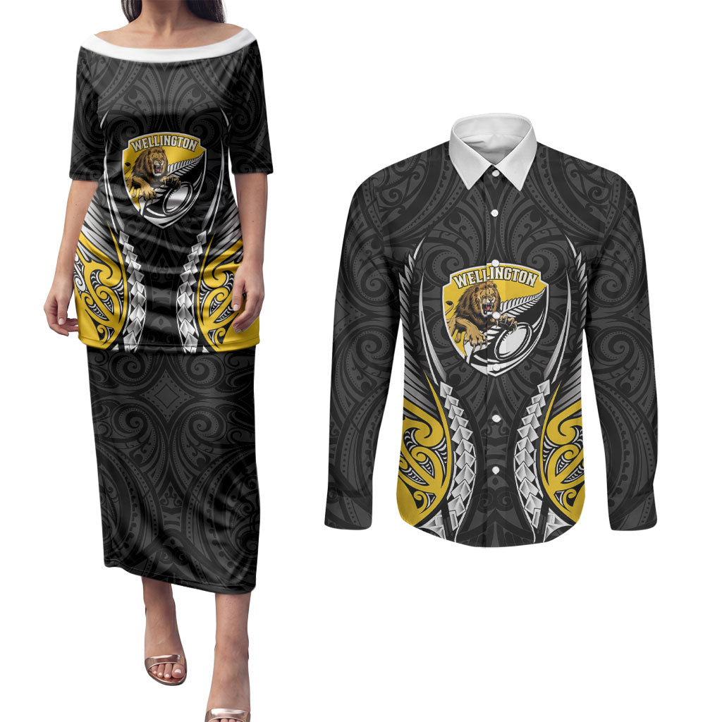 Wellington 2026 Rugby Custom Couples Matching Puletasi and Long Sleeve Button Shirt NZ Maori Silver Fern LT14 Black - Polynesian Pride