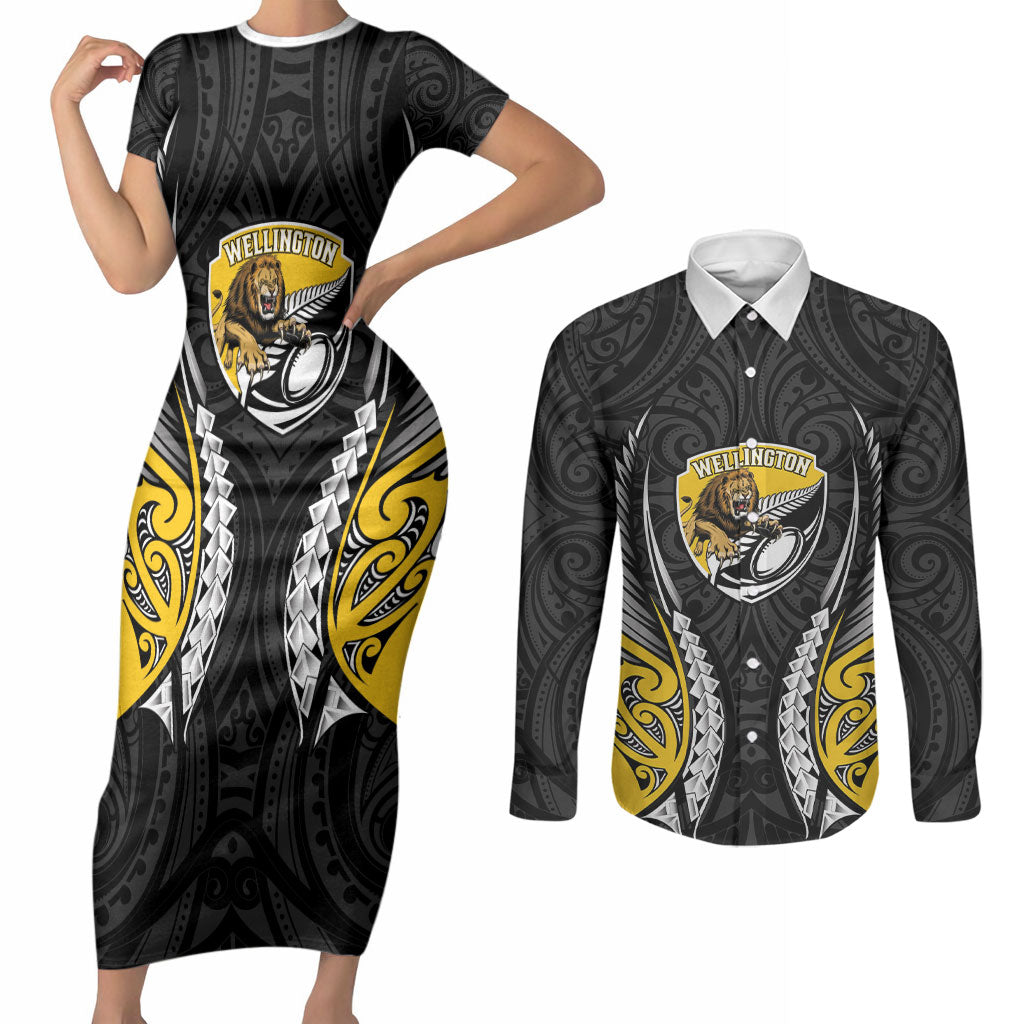Wellington 2026 Rugby Custom Couples Matching Short Sleeve Bodycon Dress and Long Sleeve Button Shirt NZ Maori Silver Fern LT14 Black - Polynesian Pride