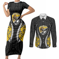 Wellington 2026 Rugby Custom Couples Matching Short Sleeve Bodycon Dress and Long Sleeve Button Shirt NZ Maori Silver Fern LT14 Black - Polynesian Pride