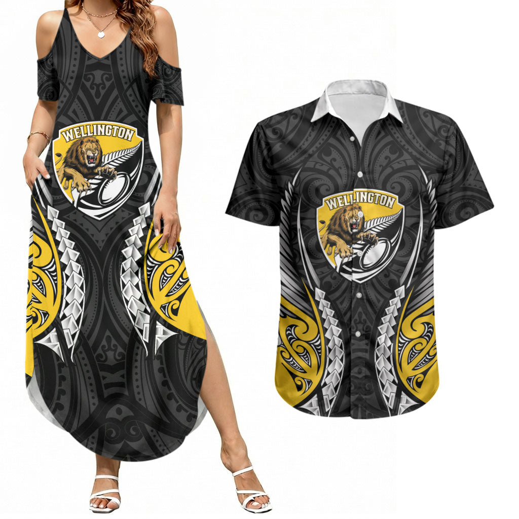 Wellington 2026 Rugby Custom Couples Matching Summer Maxi Dress and Hawaiian Shirt NZ Maori Silver Fern LT14 Black - Polynesian Pride