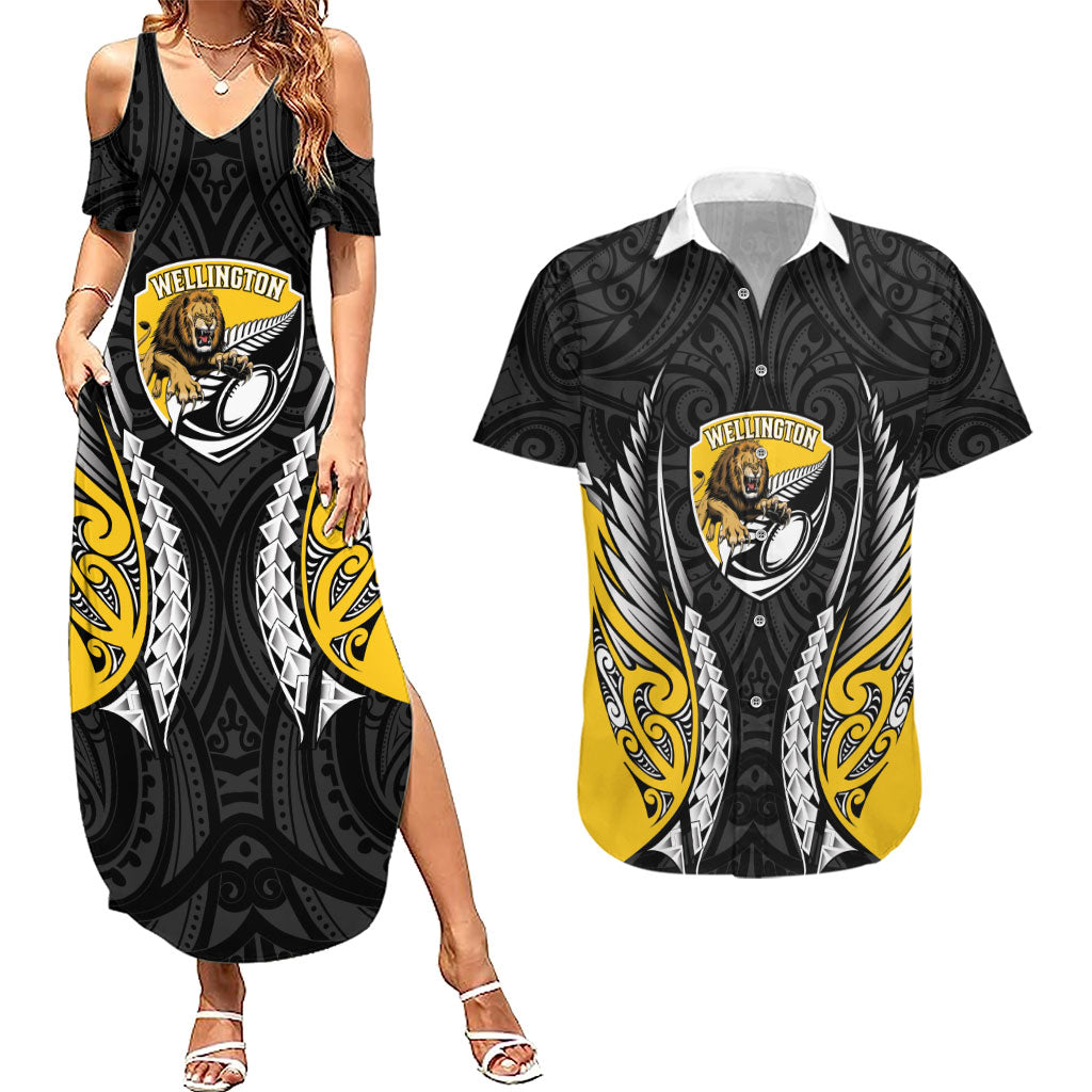 Wellington 2026 Rugby Custom Couples Matching Summer Maxi Dress and Hawaiian Shirt NZ Maori Silver Fern LT14 Black - Polynesian Pride