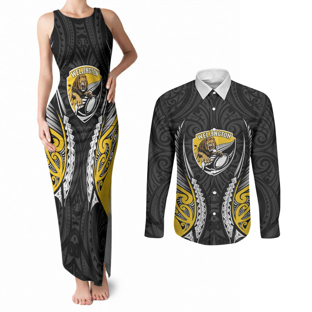 Wellington 2026 Rugby Custom Couples Matching Tank Maxi Dress and Long Sleeve Button Shirt NZ Maori Silver Fern LT14 Black - Polynesian Pride