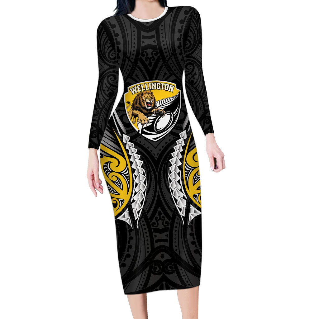 Wellington 2026 Rugby Custom Long Sleeve Bodycon Dress NZ Maori Silver Fern LT14 Long Dress Black - Polynesian Pride