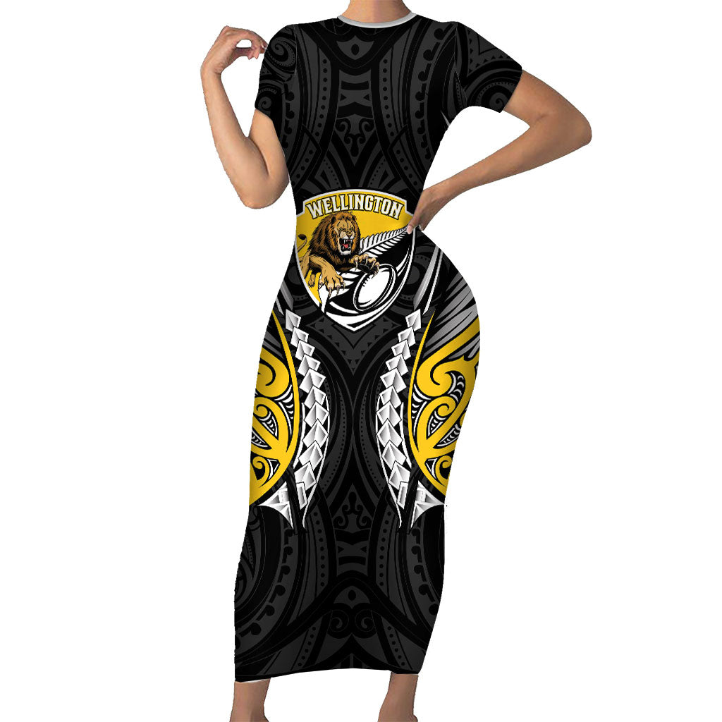 Wellington 2026 Rugby Custom Short Sleeve Bodycon Dress NZ Maori Silver Fern LT14 Long Dress Black - Polynesian Pride
