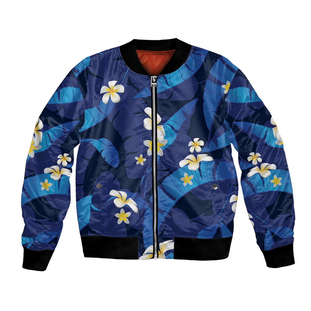 Teal Purple Banana Leaf Hawaii Bomber Jacket Lau Maia Plumeria Tropical Summer Vibes