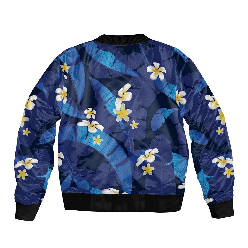 Teal Purple Banana Leaf Hawaii Bomber Jacket Lau Maia Plumeria Tropical Summer Vibes