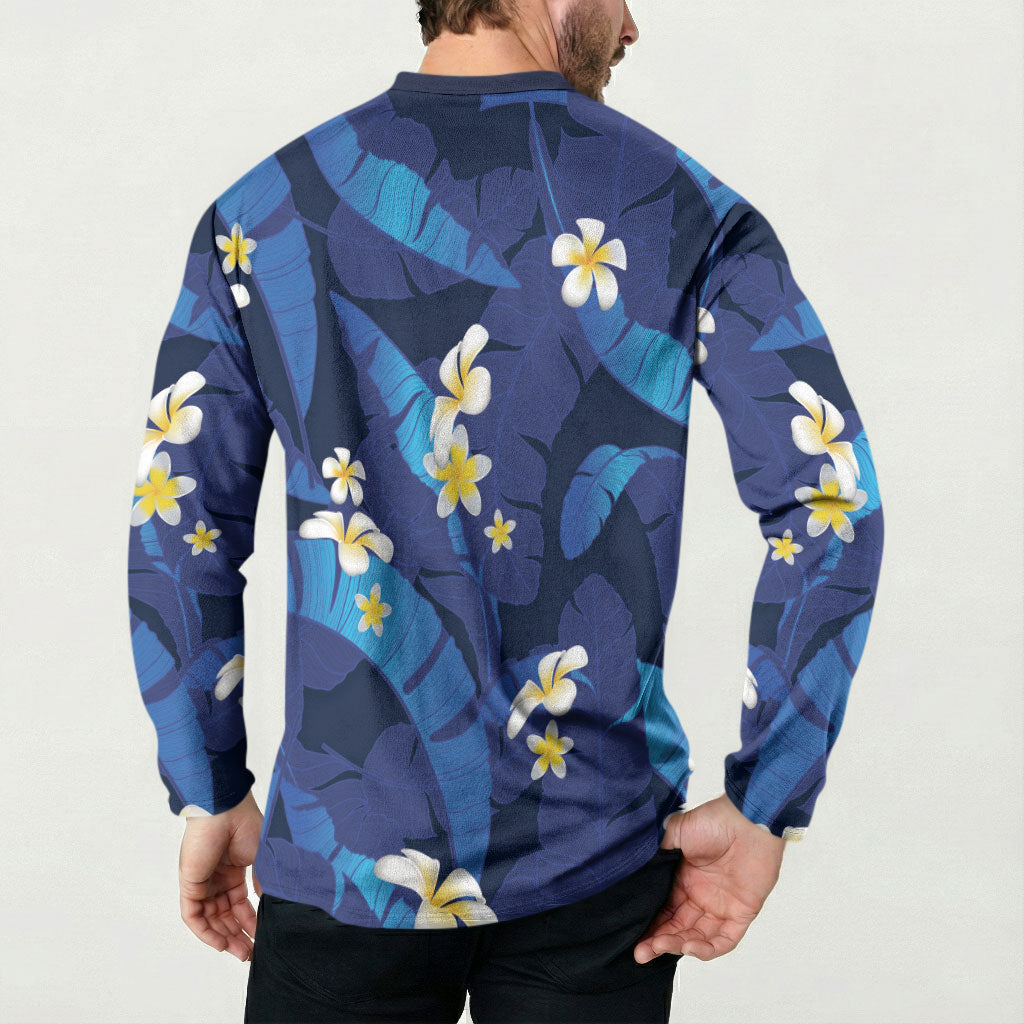 Teal Purple Banana Leaf Hawaii Button Sweatshirt Lau Maia Plumeria Tropical Summer Vibes