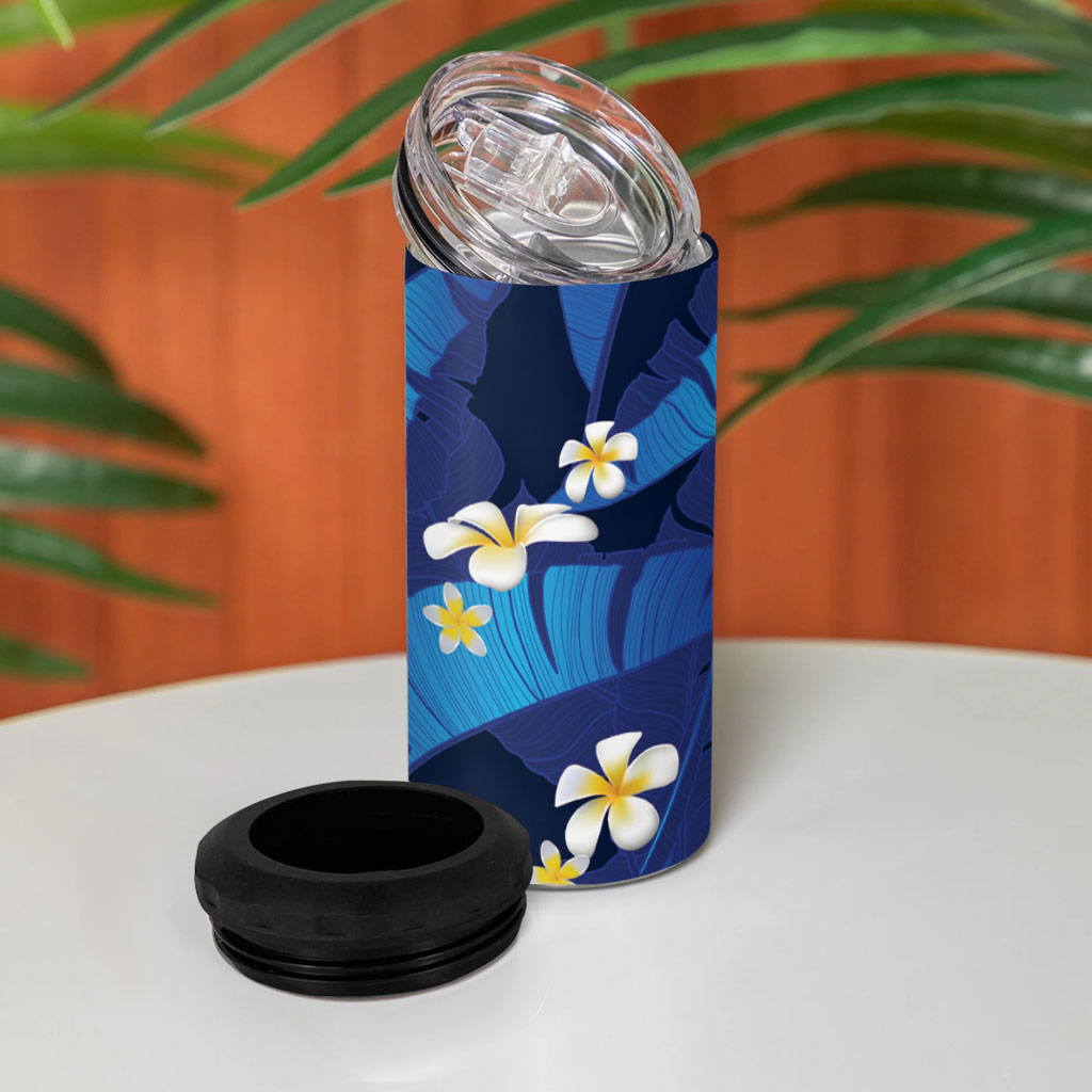 Teal Purple Banana Leaf Hawaii 4 in 1 Can Cooler Tumbler Lau Maia Plumeria Tropical Summer Vibes