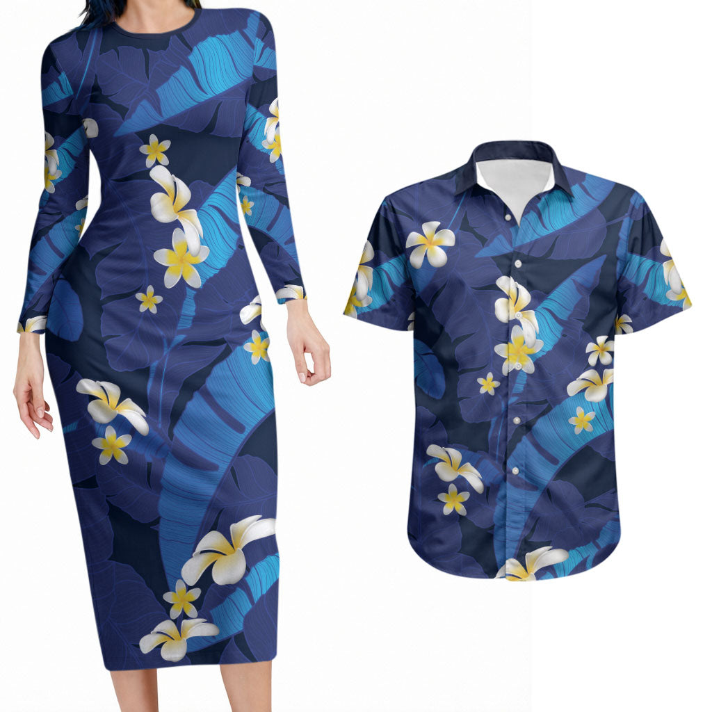 Teal Purple Banana Leaf Hawaii Couples Matching Long Sleeve Bodycon Dress and Hawaiian Shirt Lau Maia Plumeria Tropical Summer Vibes