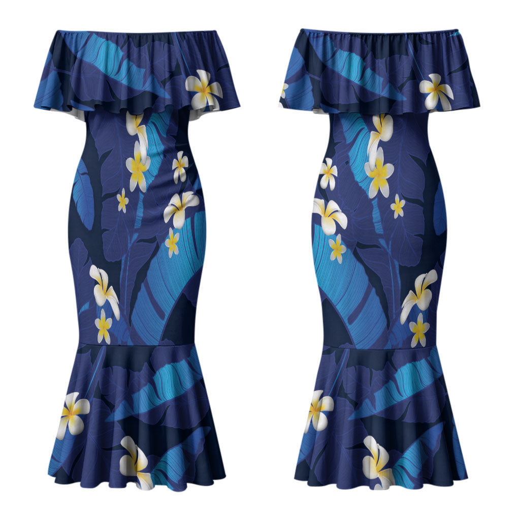 Teal Purple Banana Leaf Hawaii Couples Matching Mermaid Dress and Hawaiian Shirt Lau Maia Plumeria Tropical Summer Vibes