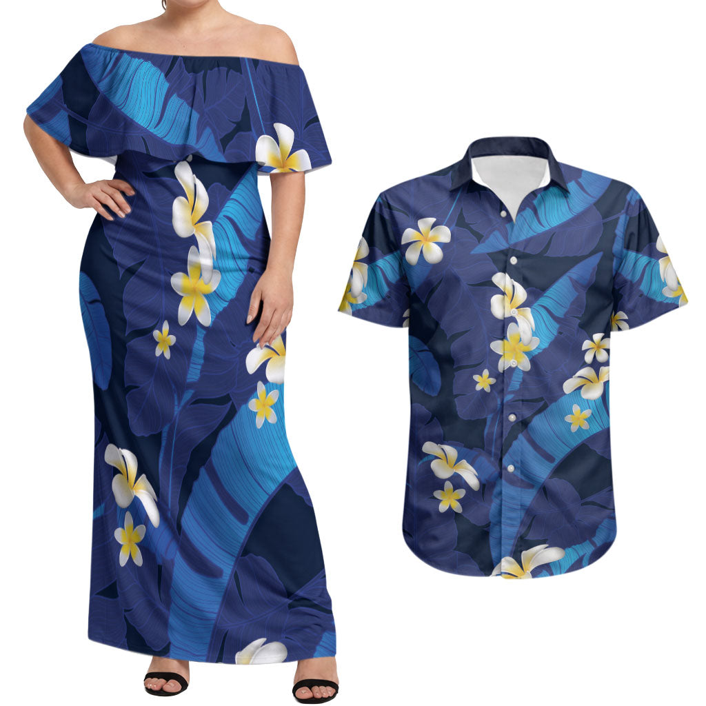 Teal Purple Banana Leaf Hawaii Couples Matching Off Shoulder Maxi Dress and Hawaiian Shirt Lau Maia Plumeria Tropical Summer Vibes