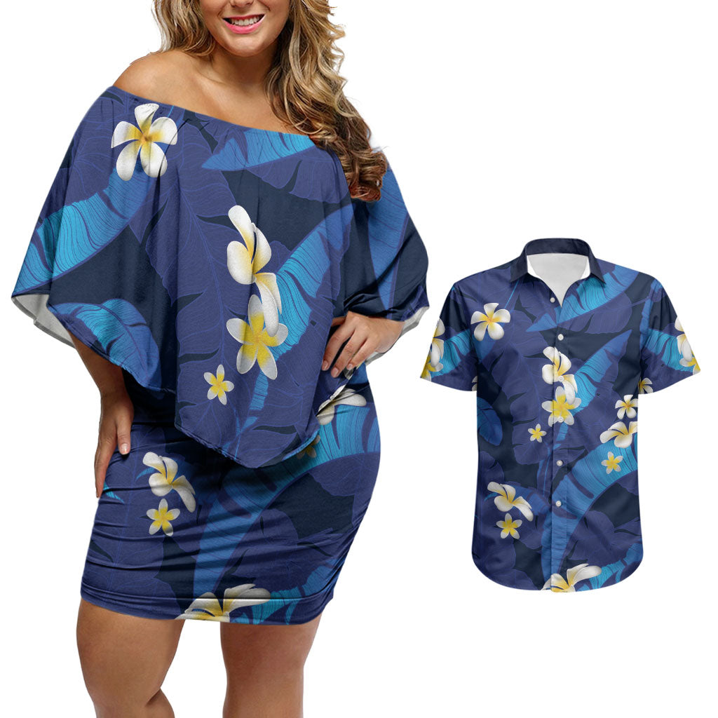 Teal Purple Banana Leaf Hawaii Couples Matching Off Shoulder Short Dress and Hawaiian Shirt Lau Maia Plumeria Tropical Summer Vibes