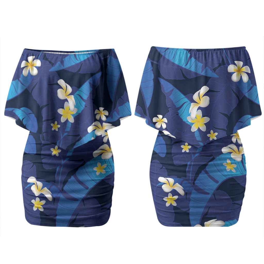 Teal Purple Banana Leaf Hawaii Couples Matching Off Shoulder Short Dress and Long Sleeve Button Shirt Lau Maia Plumeria Tropical Summer Vibes