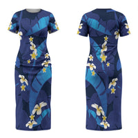 Teal Purple Banana Leaf Hawaii Couples Matching Short Sleeve Bodycon Dress and Long Sleeve Button Shirt Lau Maia Plumeria Tropical Summer Vibes LT14 - Polynesian Pride
