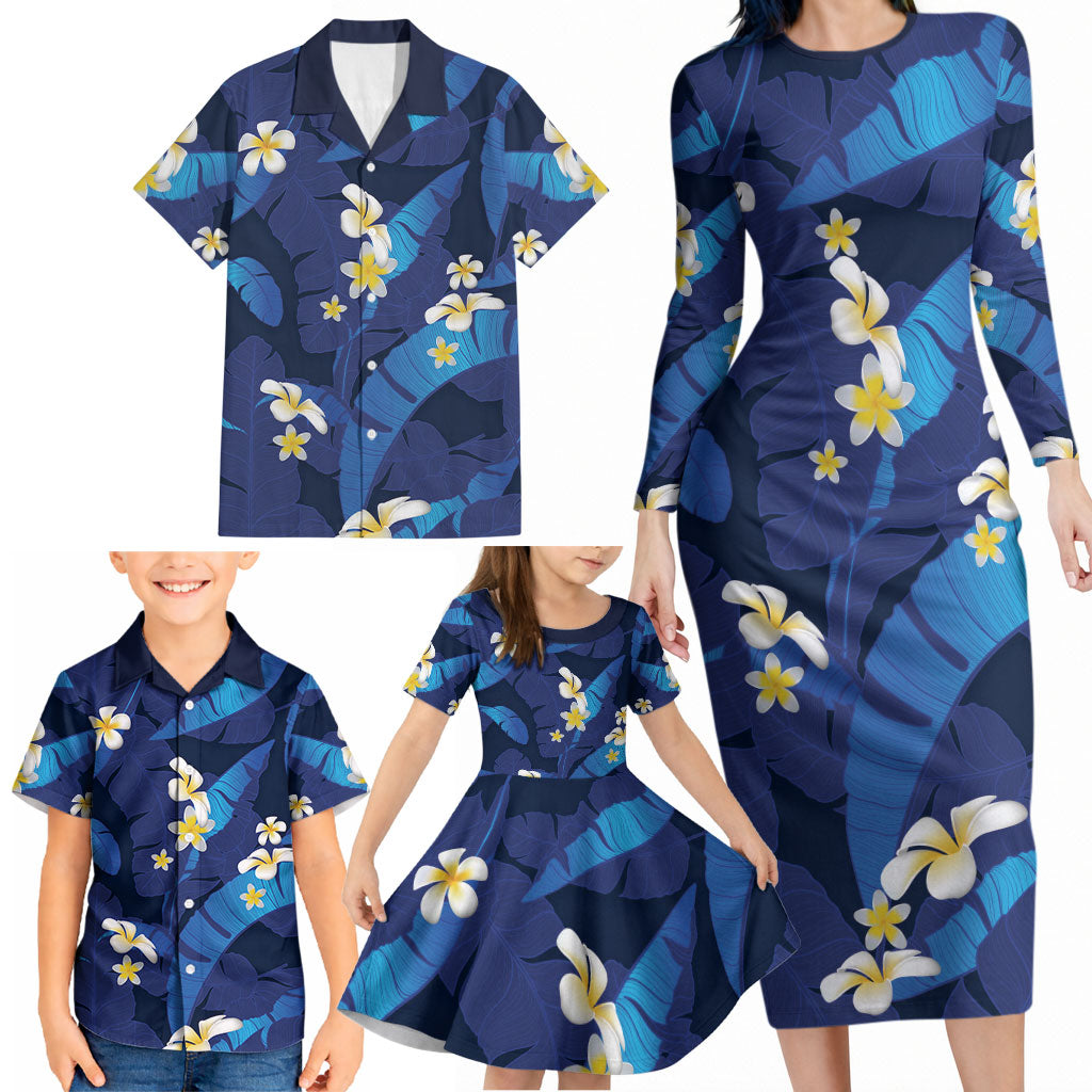 Teal Purple Banana Leaf Hawaii Family Matching Long Sleeve Bodycon Dress and Hawaiian Shirt Lau Maia Plumeria Tropical Summer Vibes LT14 - Polynesian Pride