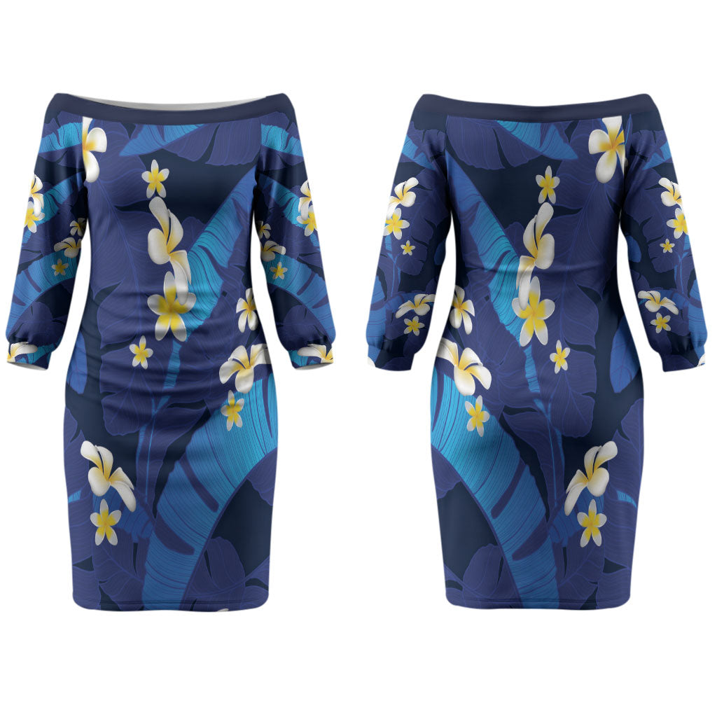 Teal Purple Banana Leaf Hawaii Family Matching Off The Shoulder Long Sleeve Dress and Hawaiian Shirt Lau Maia Plumeria Tropical Summer Vibes LT14 Mom's Dress Teal Purple - Polynesian Pride