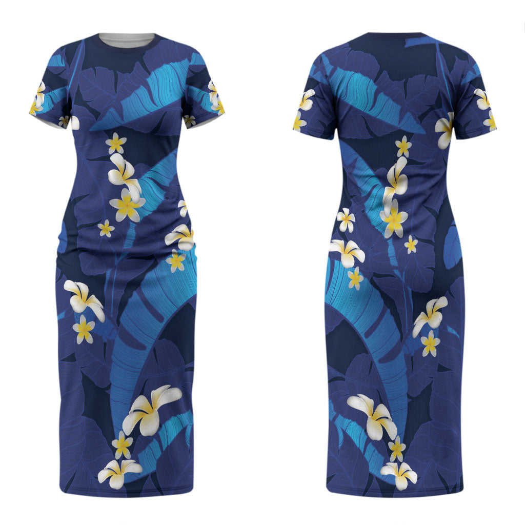 Teal Purple Banana Leaf Hawaii Family Matching Short Sleeve Bodycon Dress and Hawaiian Shirt Lau Maia Plumeria Tropical Summer Vibes LT14 Mom's Dress Teal Purple - Polynesian Pride