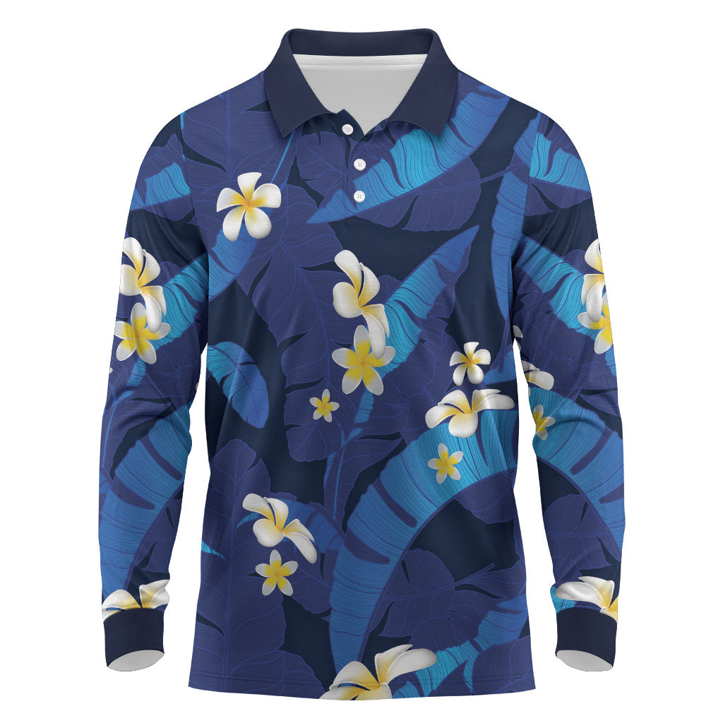 Teal Purple Banana Leaf Hawaii Long Sleeve Polo Shirt Lau Maia Plumeria Tropical Summer Vibes