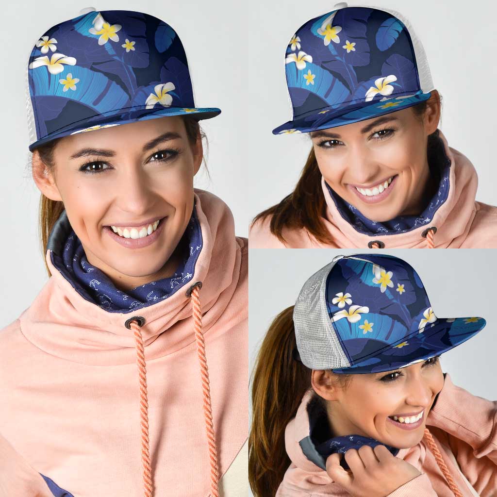 Teal Purple Banana Leaf Hawaii Mesh Trucker Cap Lau Maia Plumeria Tropical Summer Vibes