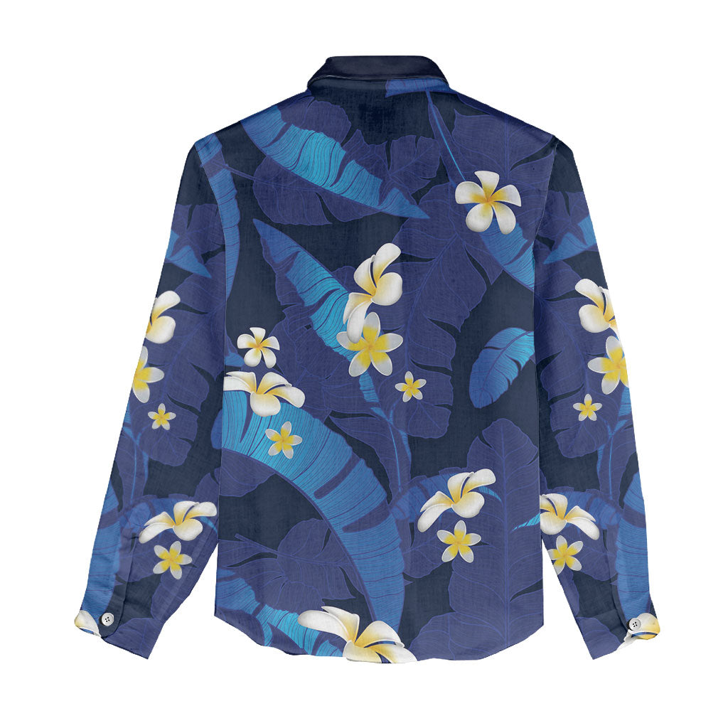 Teal Purple Banana Leaf Hawaii Women Casual Shirt Lau Maia Plumeria Tropical Summer Vibes