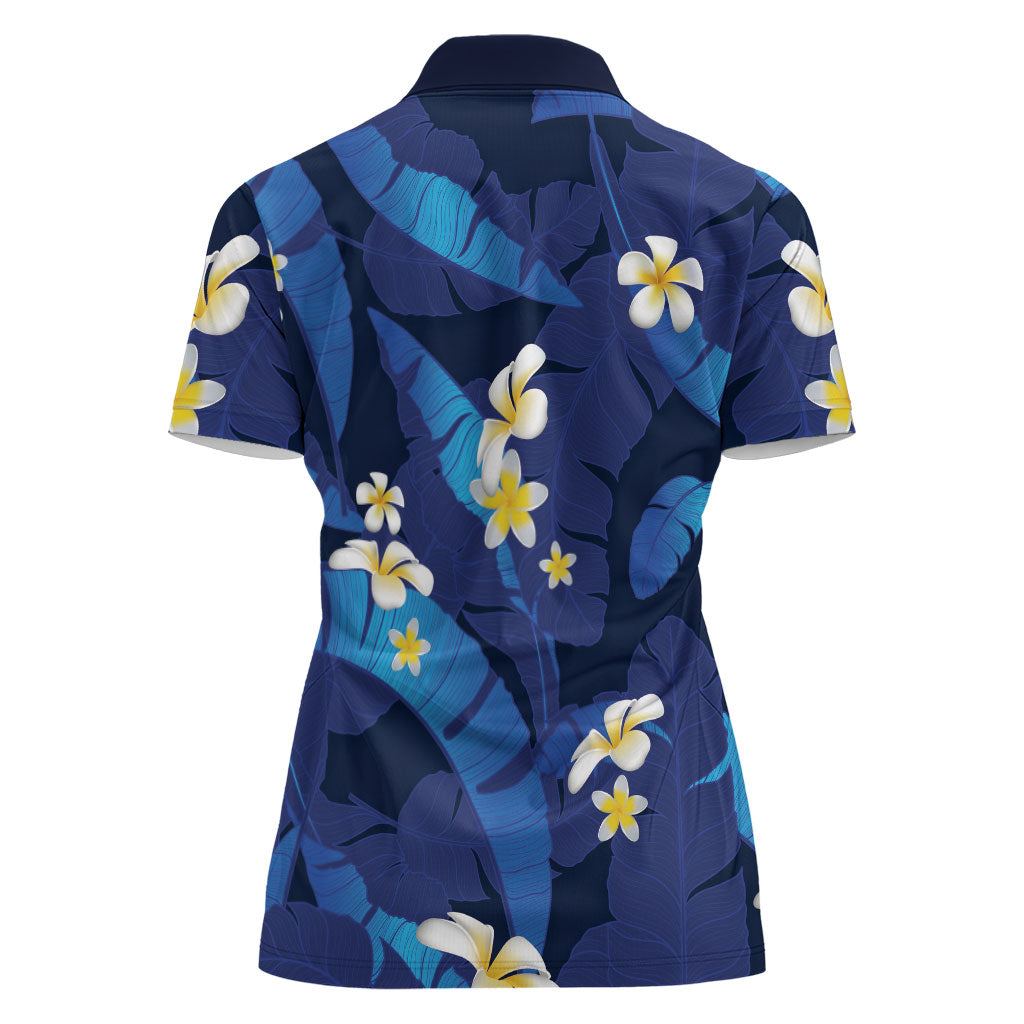 Teal Purple Banana Leaf Hawaii Women Polo Shirt Lau Maia Plumeria Tropical Summer Vibes