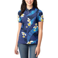 Teal Purple Banana Leaf Hawaii Women Polo Shirt Lau Maia Plumeria Tropical Summer Vibes