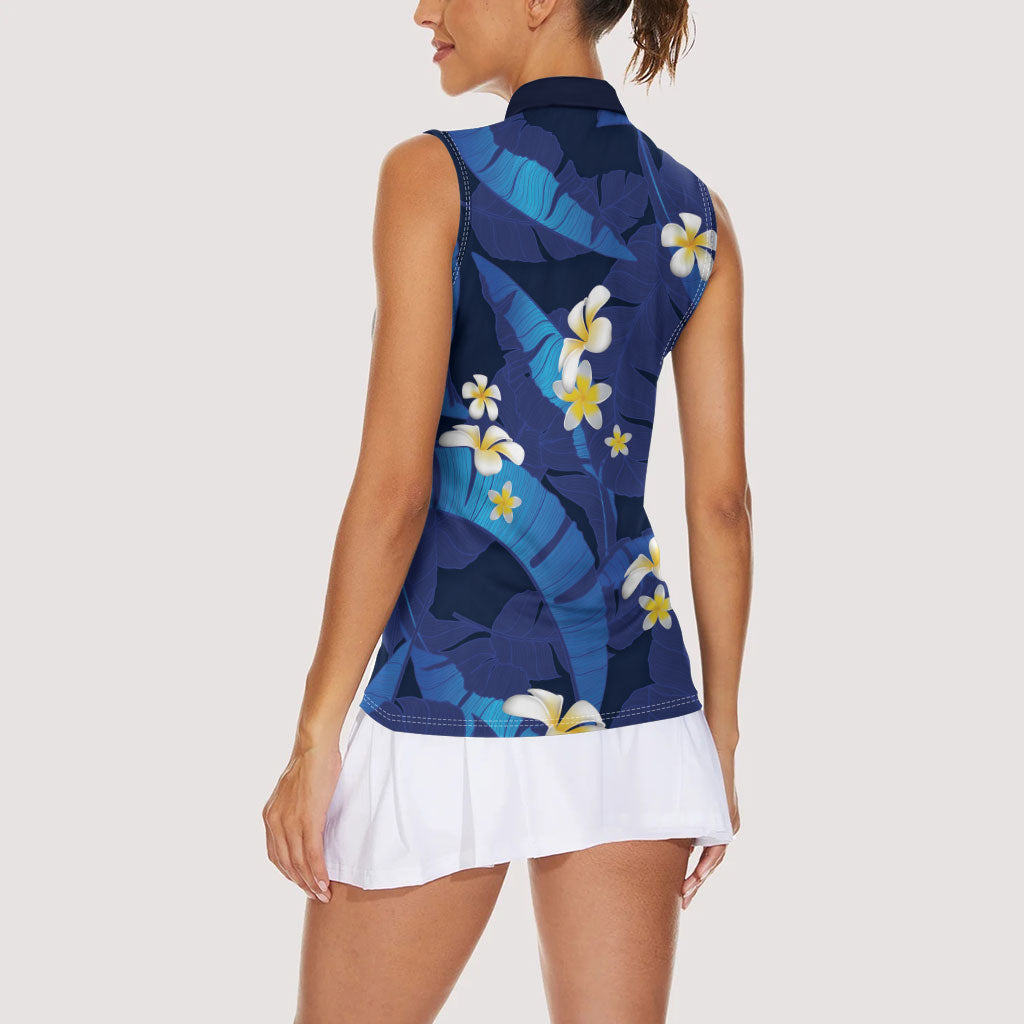 Teal Purple Banana Leaf Hawaii Women Sleeveless Polo Shirt Lau Maia Plumeria Tropical Summer Vibes LT14 - Polynesian Pride