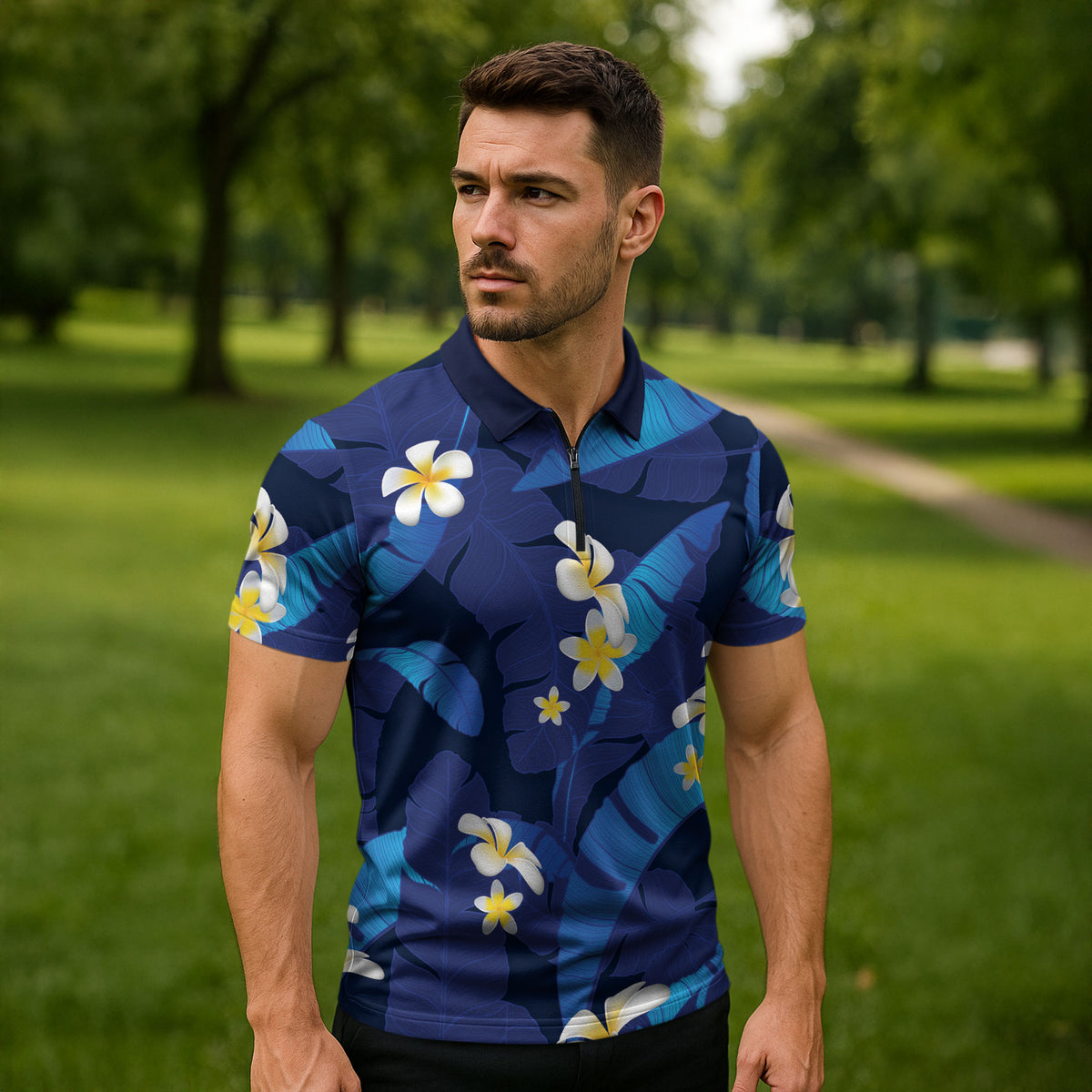 Teal Purple Banana Leaf Hawaii Zipper Polo Shirt Lau Maia Plumeria Tropical Summer Vibes LT14 - Polynesian Pride