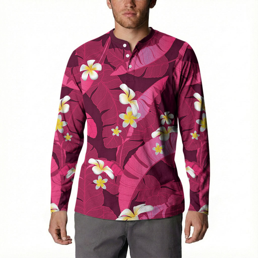 Pink Banana Leaf Hawaii Button Sweatshirt Lau Maia Plumeria Tropical Summer Vibes