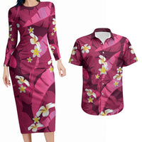 Pink Banana Leaf Hawaii Couples Matching Long Sleeve Bodycon Dress and Hawaiian Shirt Lau Maia Plumeria Tropical Summer Vibes
