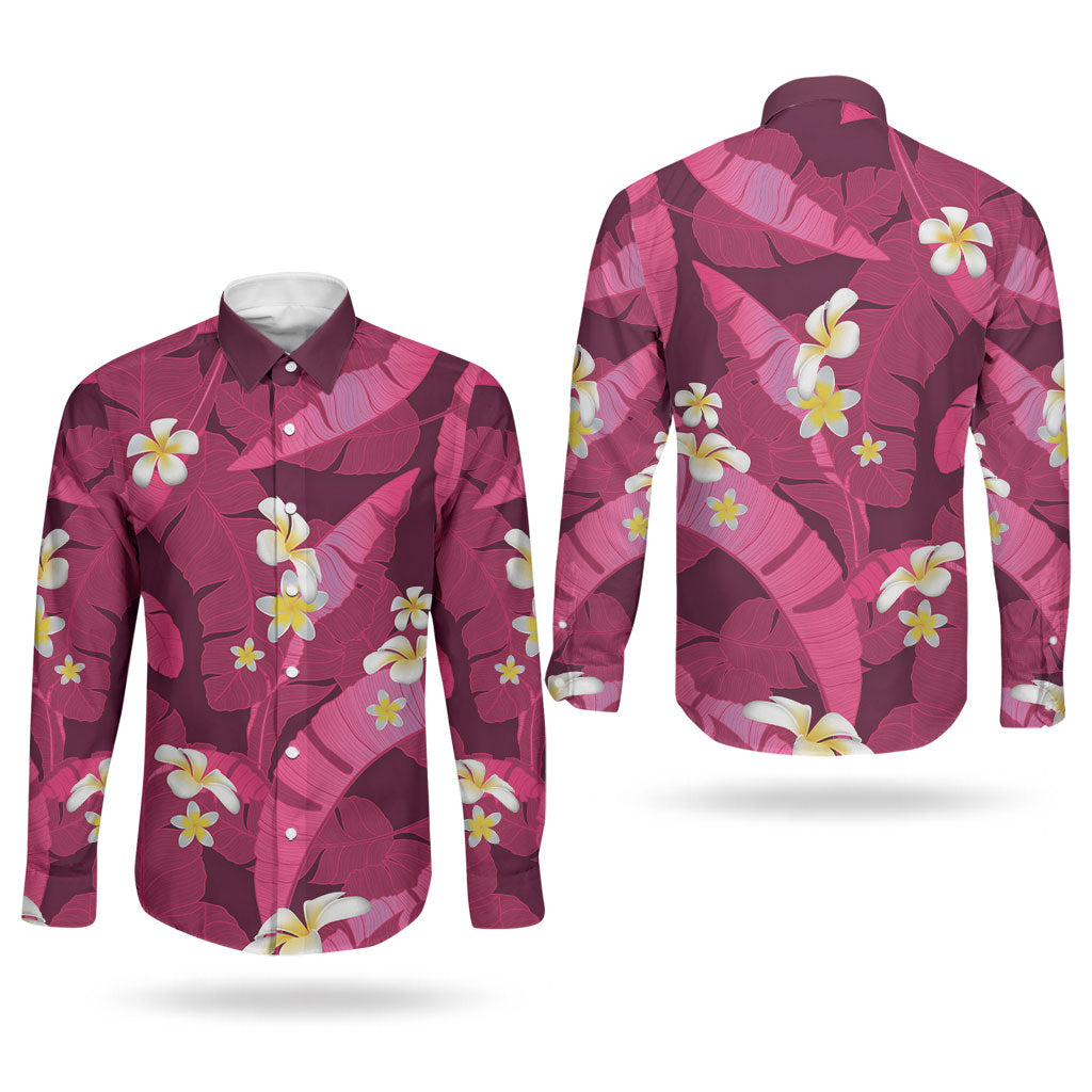 Pink Banana Leaf Hawaii Couples Matching Long Sleeve Bodycon Dress and Long Sleeve Button Shirt Lau Maia Plumeria Tropical Summer Vibes LT14 - Polynesian Pride