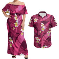 Pink Banana Leaf Hawaii Couples Matching Off Shoulder Maxi Dress and Hawaiian Shirt Lau Maia Plumeria Tropical Summer Vibes