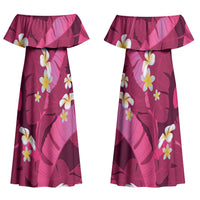 Pink Banana Leaf Hawaii Couples Matching Off Shoulder Maxi Dress and Hawaiian Shirt Lau Maia Plumeria Tropical Summer Vibes