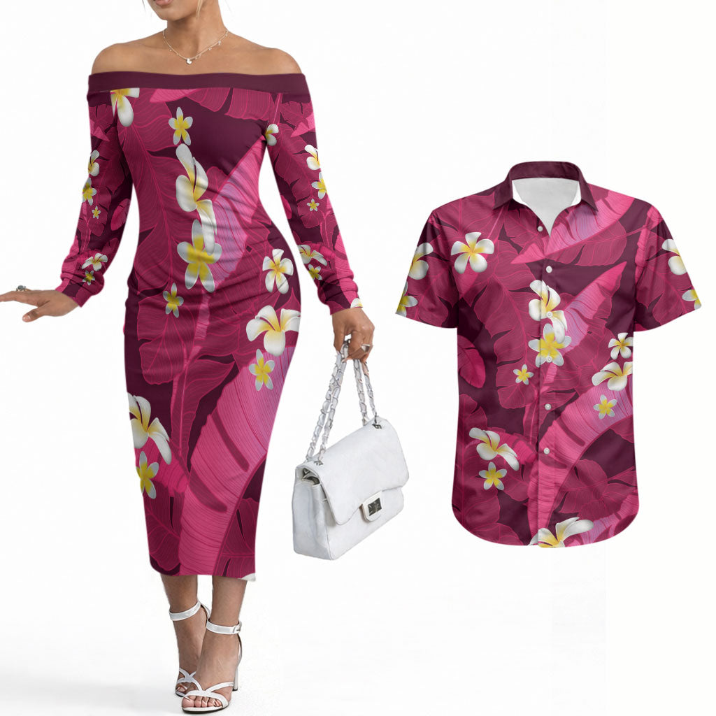 Pink Banana Leaf Hawaii Couples Matching Off The Shoulder Long Sleeve Dress and Hawaiian Shirt Lau Maia Plumeria Tropical Summer Vibes