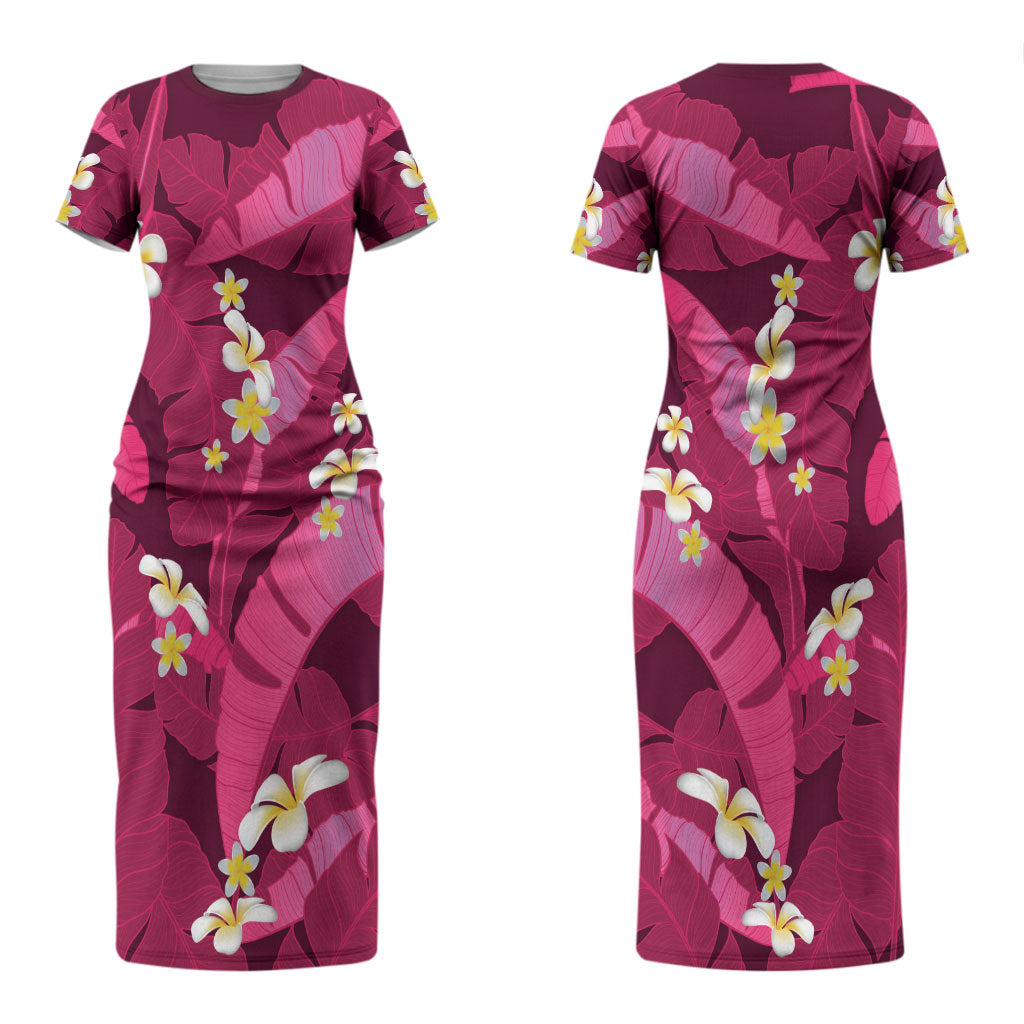 Pink Banana Leaf Hawaii Couples Matching Short Sleeve Bodycon Dress and Long Sleeve Button Shirt Lau Maia Plumeria Tropical Summer Vibes LT14 - Polynesian Pride