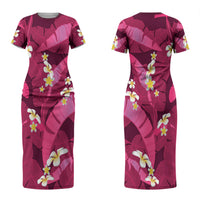 Pink Banana Leaf Hawaii Couples Matching Short Sleeve Bodycon Dress and Long Sleeve Button Shirt Lau Maia Plumeria Tropical Summer Vibes LT14 - Polynesian Pride