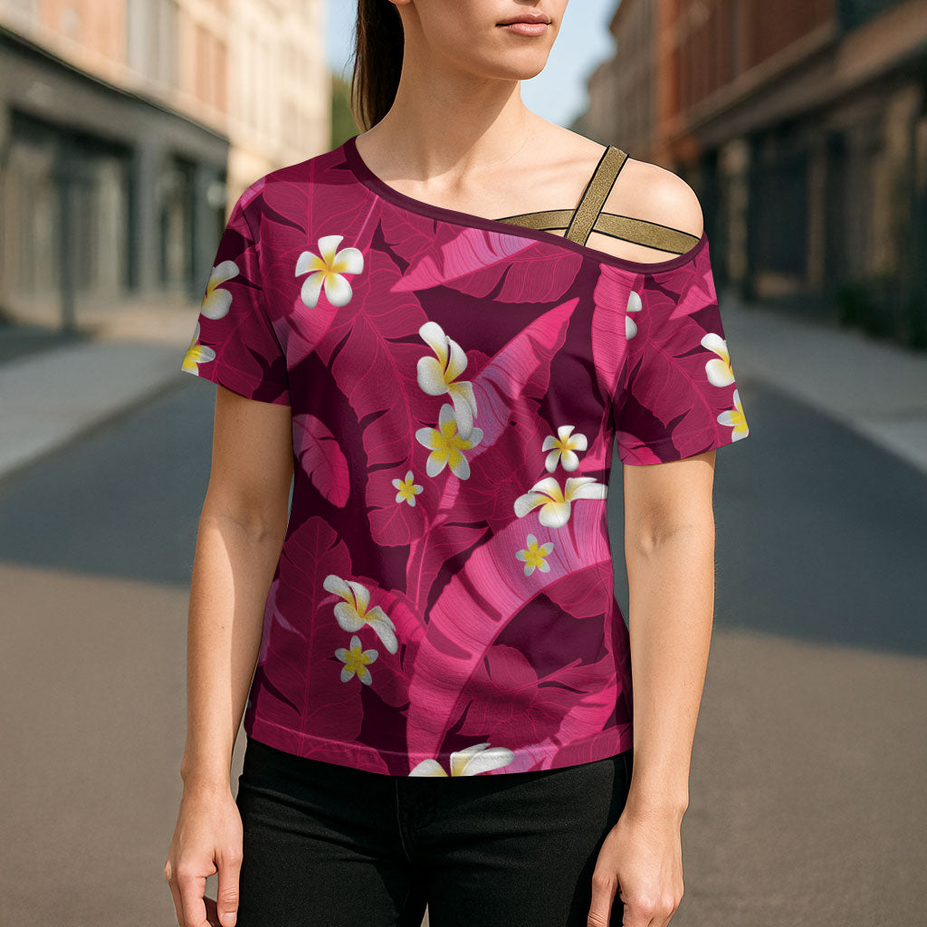 Pink Banana Leaf Hawaii Cross Shoulder Shirt Lau Maia Plumeria Tropical Summer Vibes
