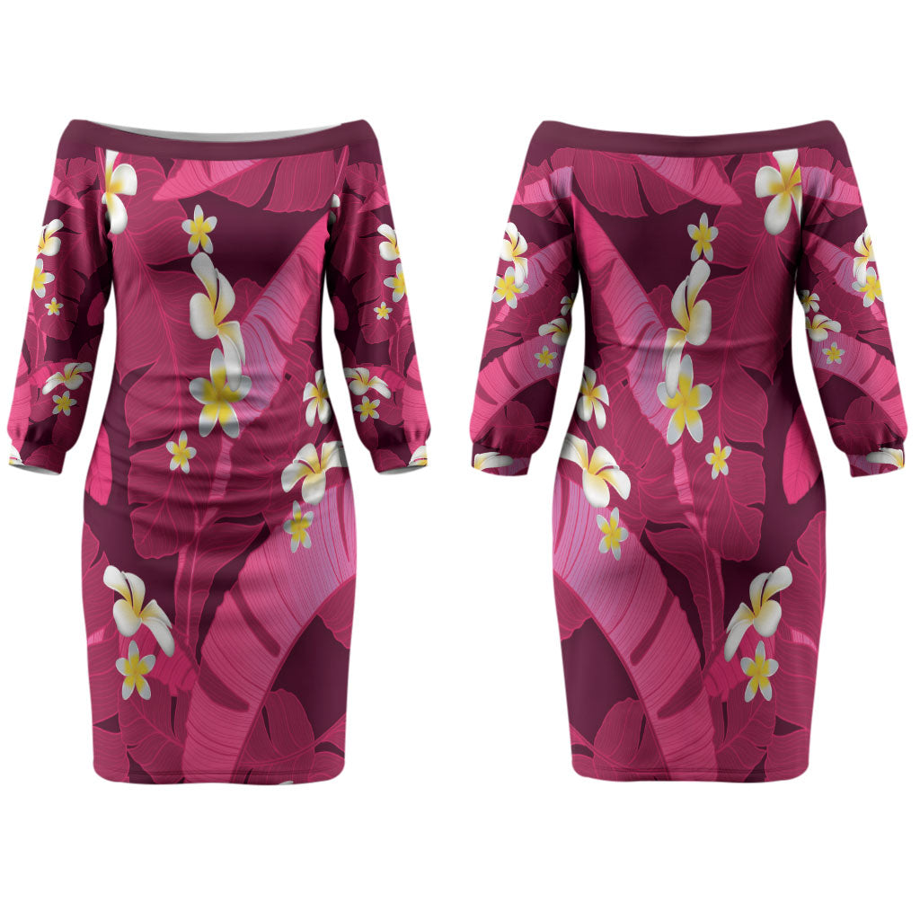 Pink Banana Leaf Hawaii Family Matching Off The Shoulder Long Sleeve Dress and Hawaiian Shirt Lau Maia Plumeria Tropical Summer Vibes LT14 Mom's Dress Pink - Polynesian Pride